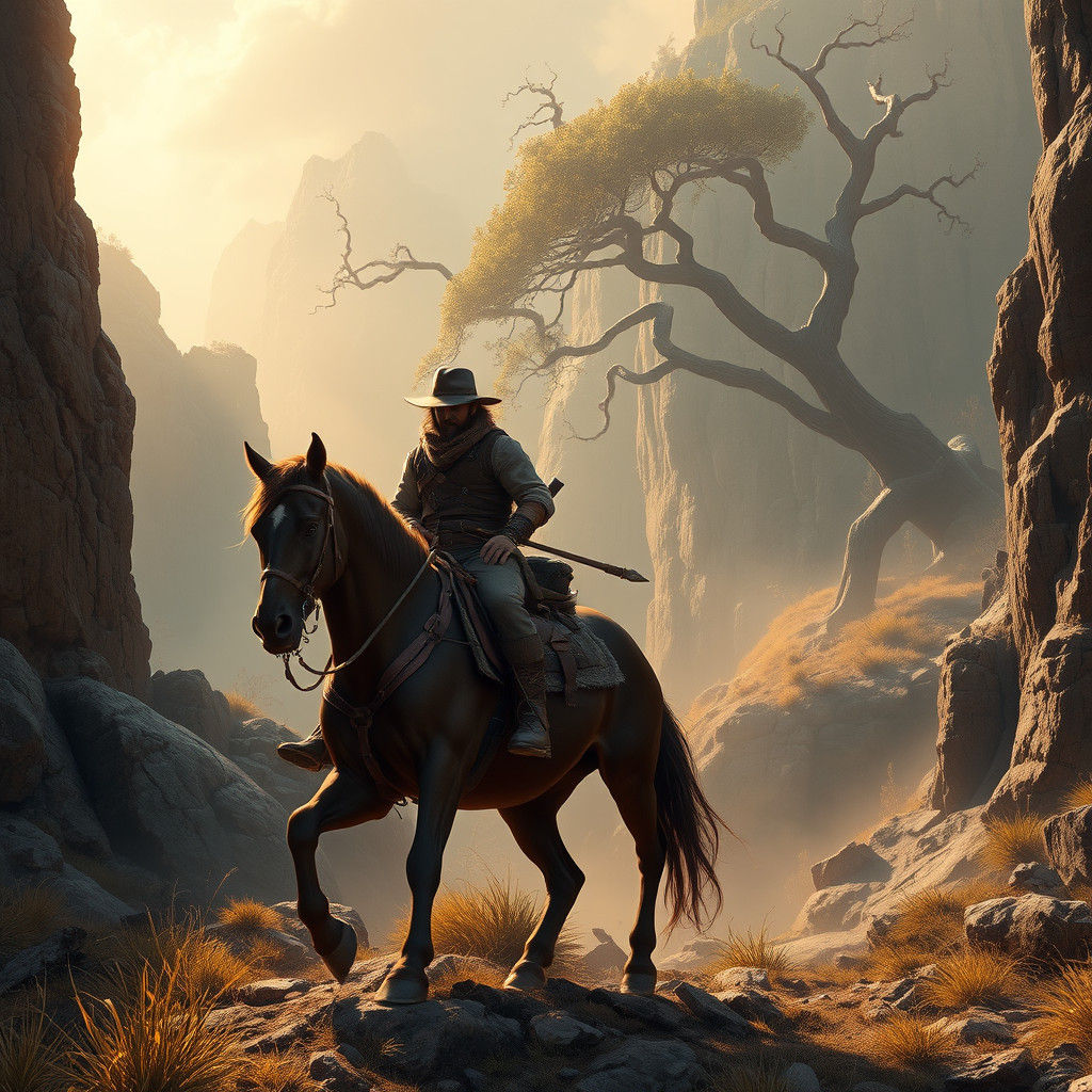 Frontiersman on Horseback in Rocky Wilderness