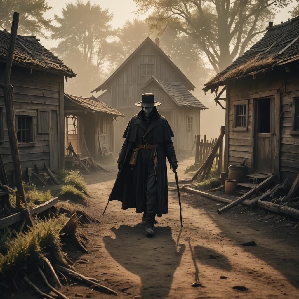 Plague Doctor Walks Away: A Cinematic Film Still