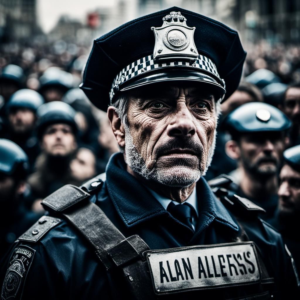 Police Officer Confronts Protesters: Close-Up Portrait