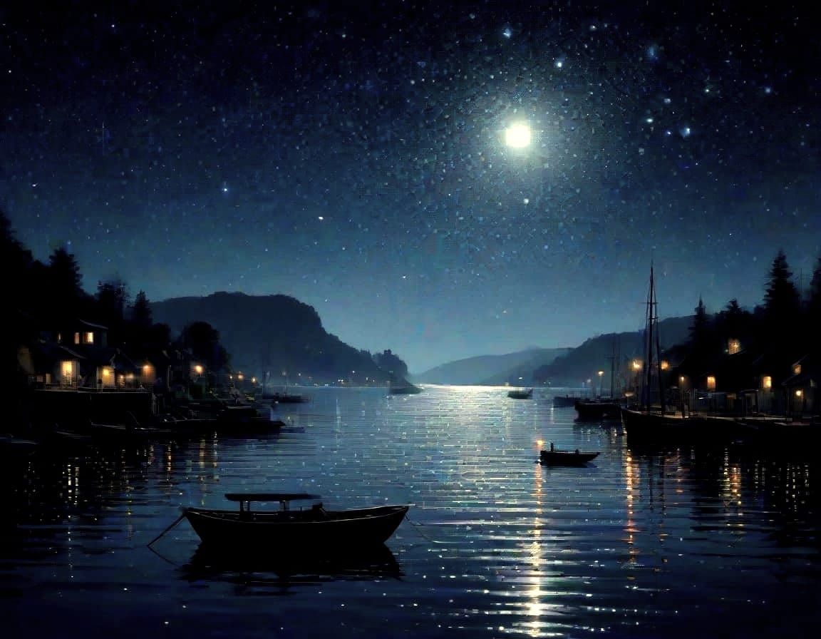 Surreal Starry Night Harbor Scene in Pointillist Style