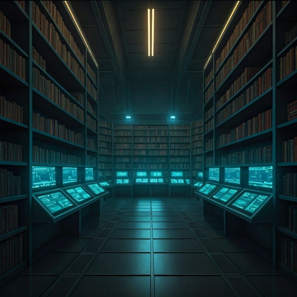 Neon Lit Futuristic Library in Cyberpunk Style