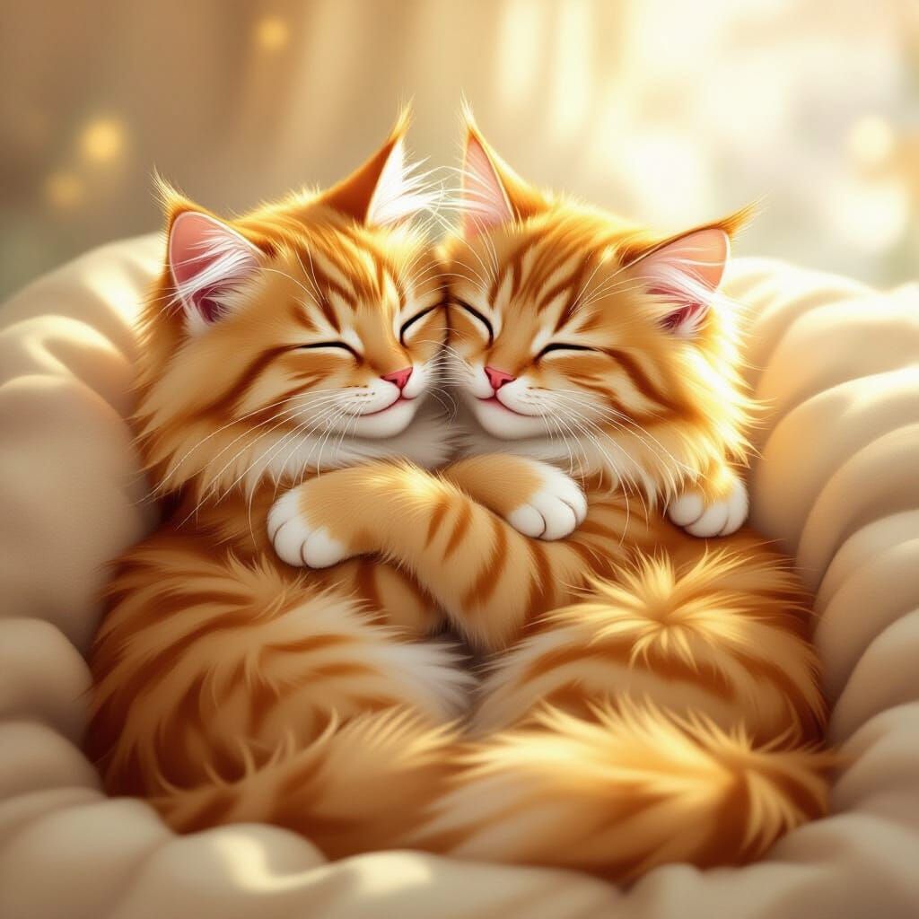 Two Fluffy Cats Embracing Warmly in Storybook Style