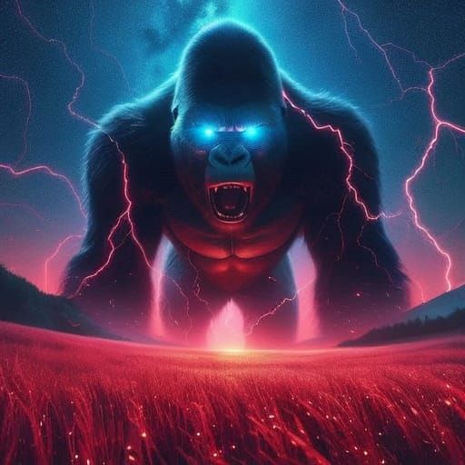 Epic Giant Gorilla Illuminated by Red Lightning in Dark Nigh...