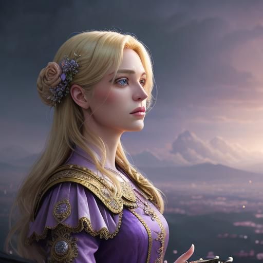 Blonde Woman in Peach Satin with Lavender Bubbles