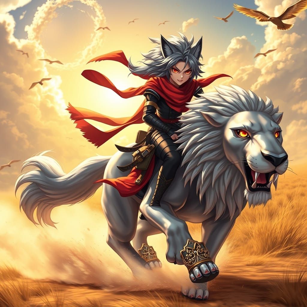 Anime-Style Warrior Rides Majestic Lion Across Sunlit Savann...