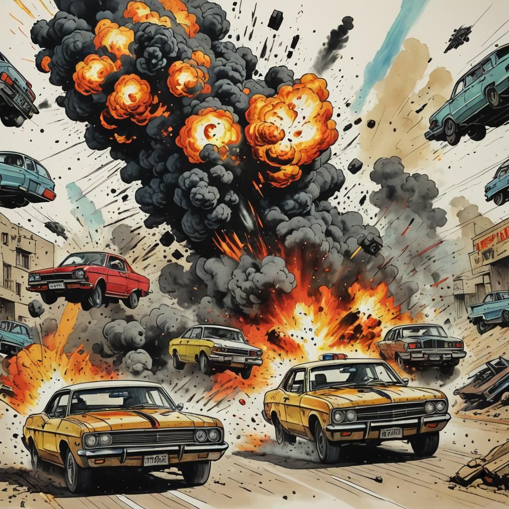 Explosive Car Chase in Colored Ink