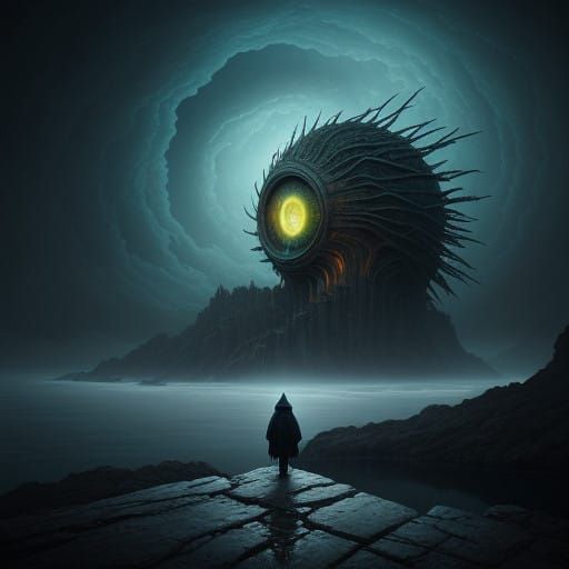 Mysterious Woman Stands at Edge of Otherworldly Landscape