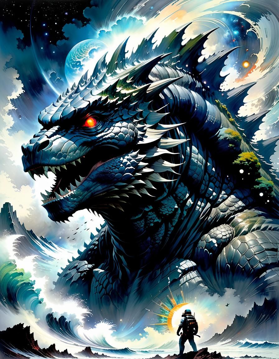 Godzilla Head in Watercolor Double Exposure