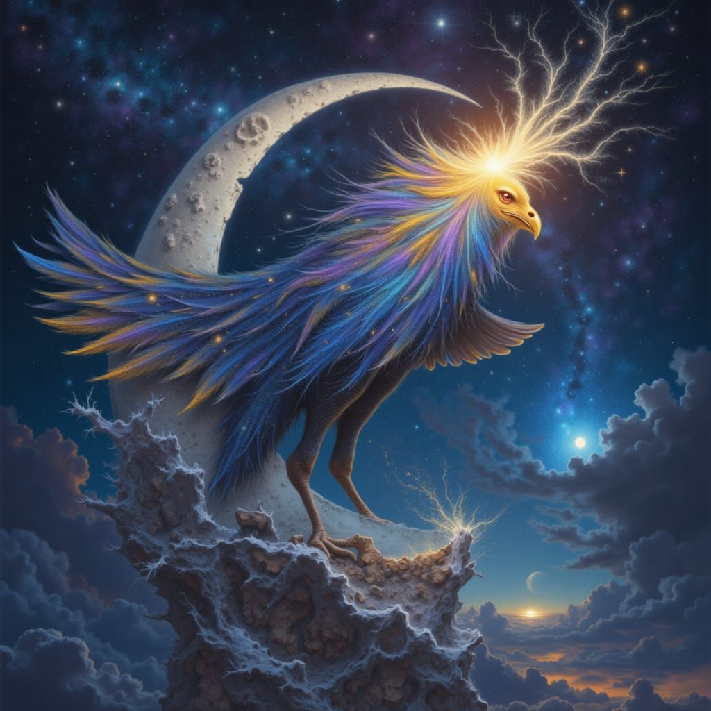 Celestial Bird on Broken Moon in Surreal Fantasy Style