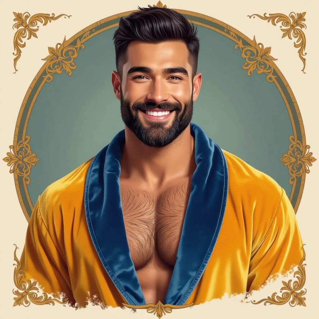 Handsome Bearded Man in Golden Velvet Robe