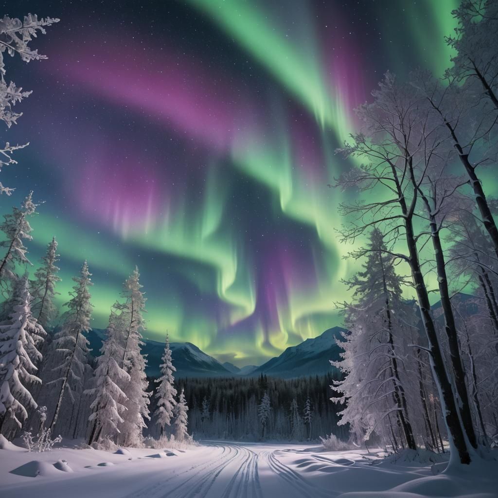 Glowing Aurora Borealis Over Snowy Forest Landscape