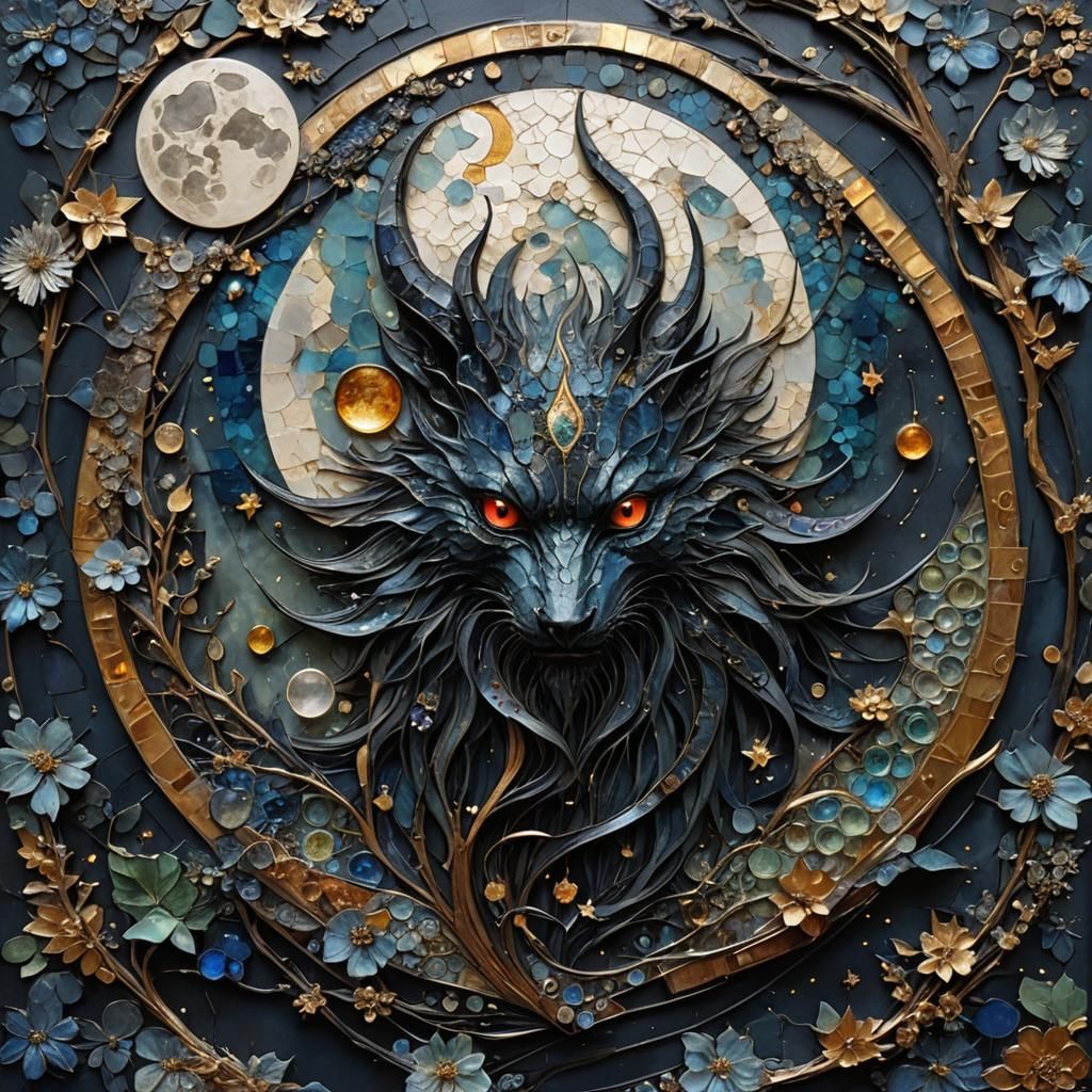 Magical Moonlit Monster in Encaustic Mosaic Style