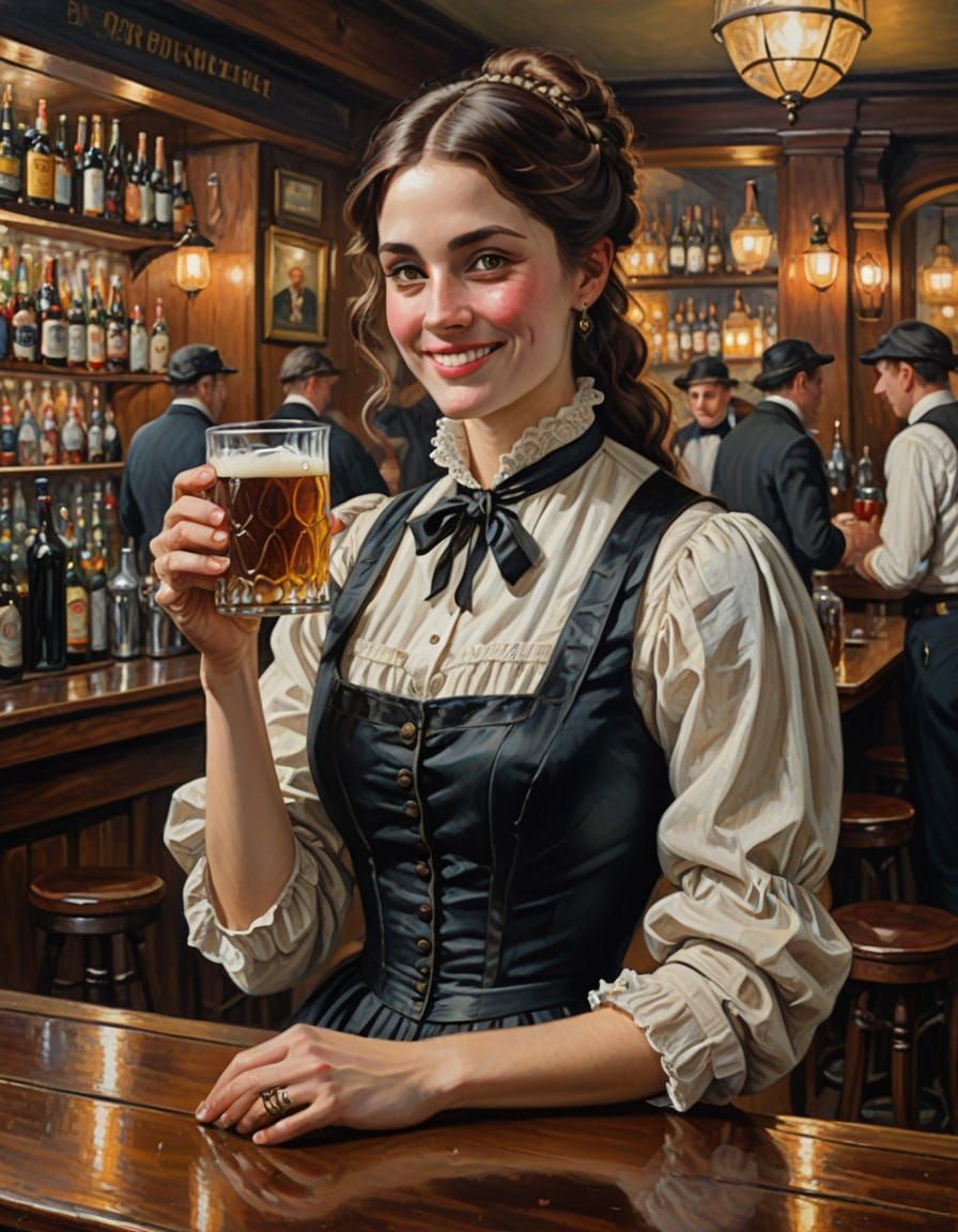 Victorian Woman at Bar, Oil on Canvas