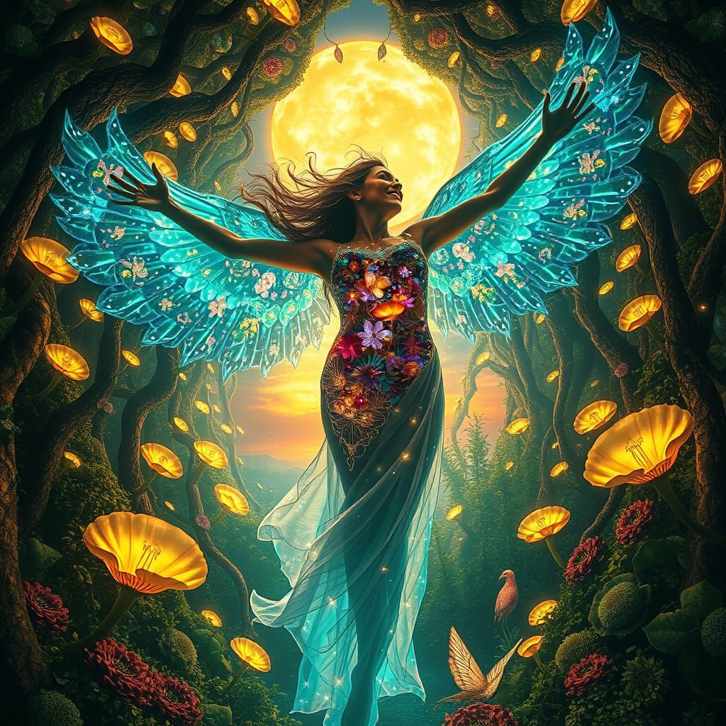 Dreamlike Woman Surrounded by Whimsical Mushroom Kingdom in ...