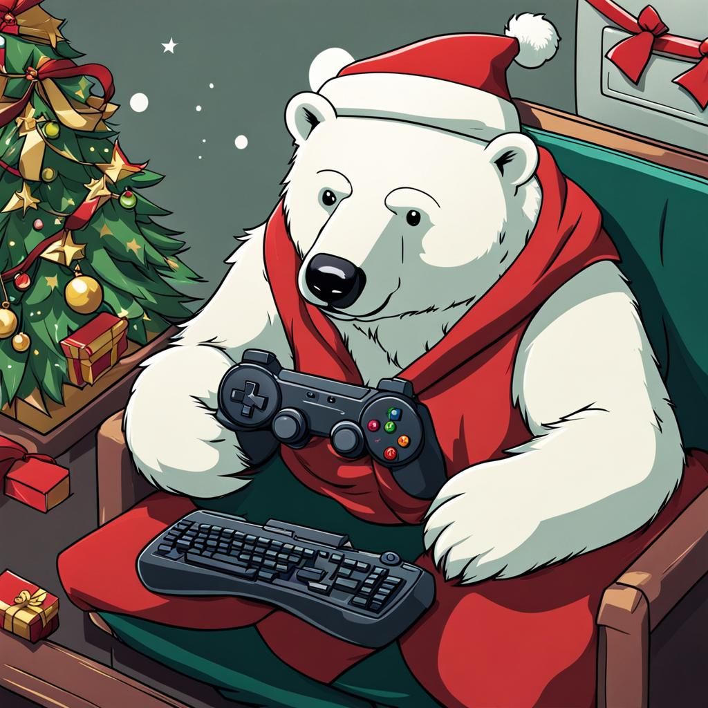 Anime Polar Bear Gaming with Christmas Cheer