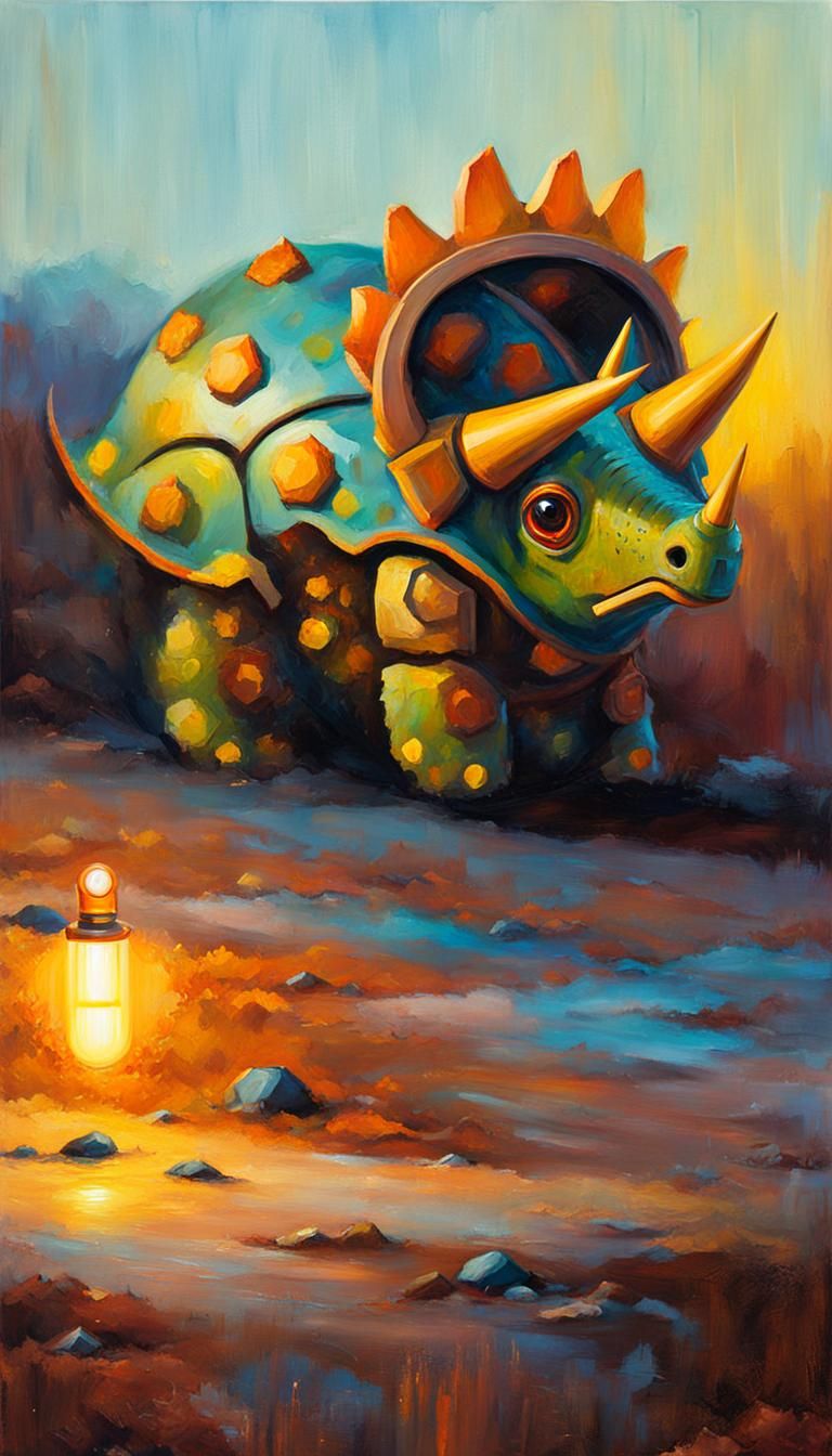 Triceratops Robot with Car Motor Heart as Oil Painting