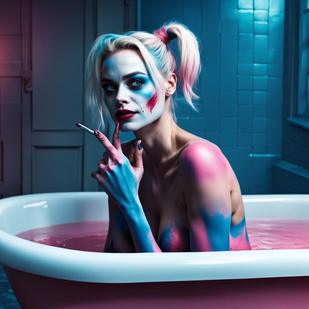Harley Quinn Bathtub Portrait in Digital Painting Style