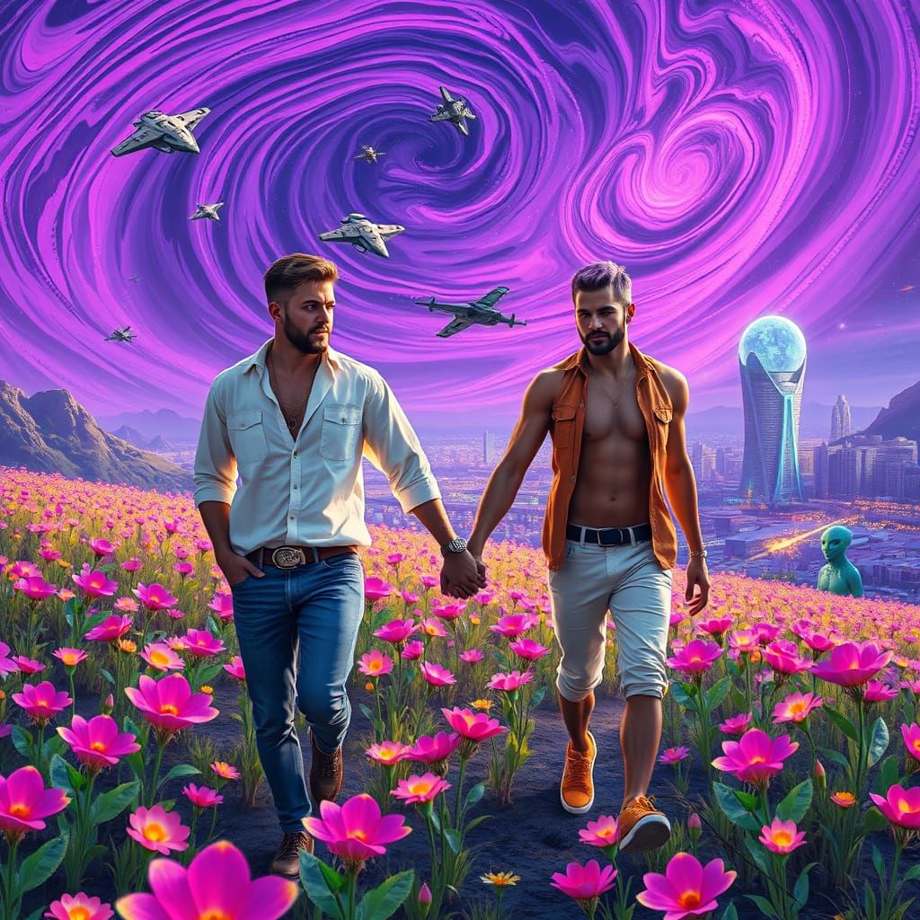 Gay Couple Strolling Through Bioluminescent Alien Landscape