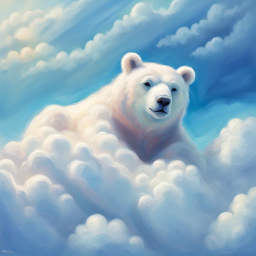 Visualize a detailed, fluffy, and tranquil bear cloud formation. This unique cloud should be white and resemble a bear t...