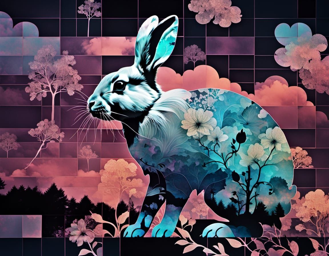 Iridescent Rabbit Silhouette in Stormy Double Exposure