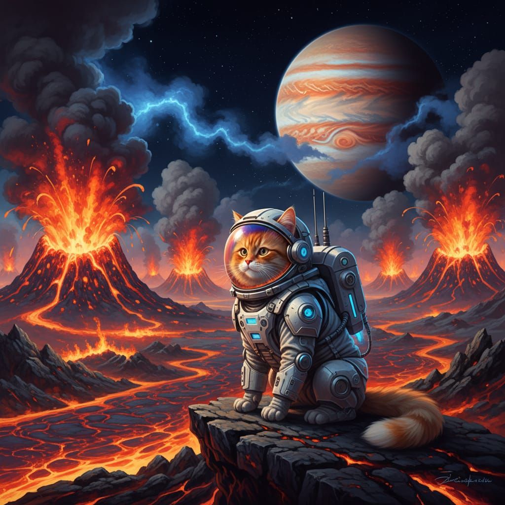 Fluffy Cat in Spacesuit on Volcanic Moon Io