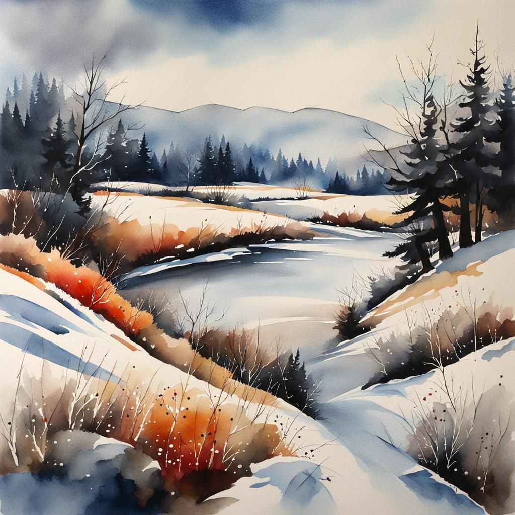 Watercolor Winter Landscape in Abstract Style