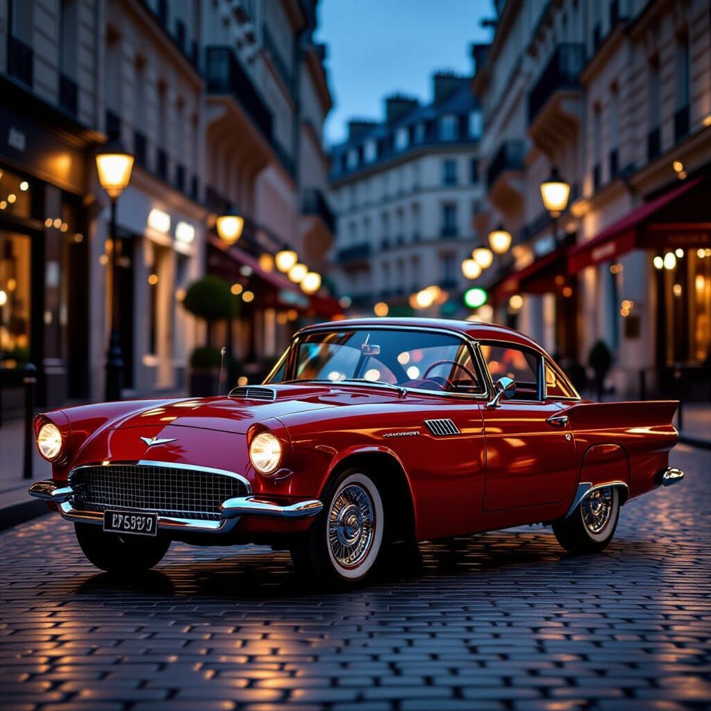 Vintage Crimson Sports Car on Paris Cobblestone Street at Du...