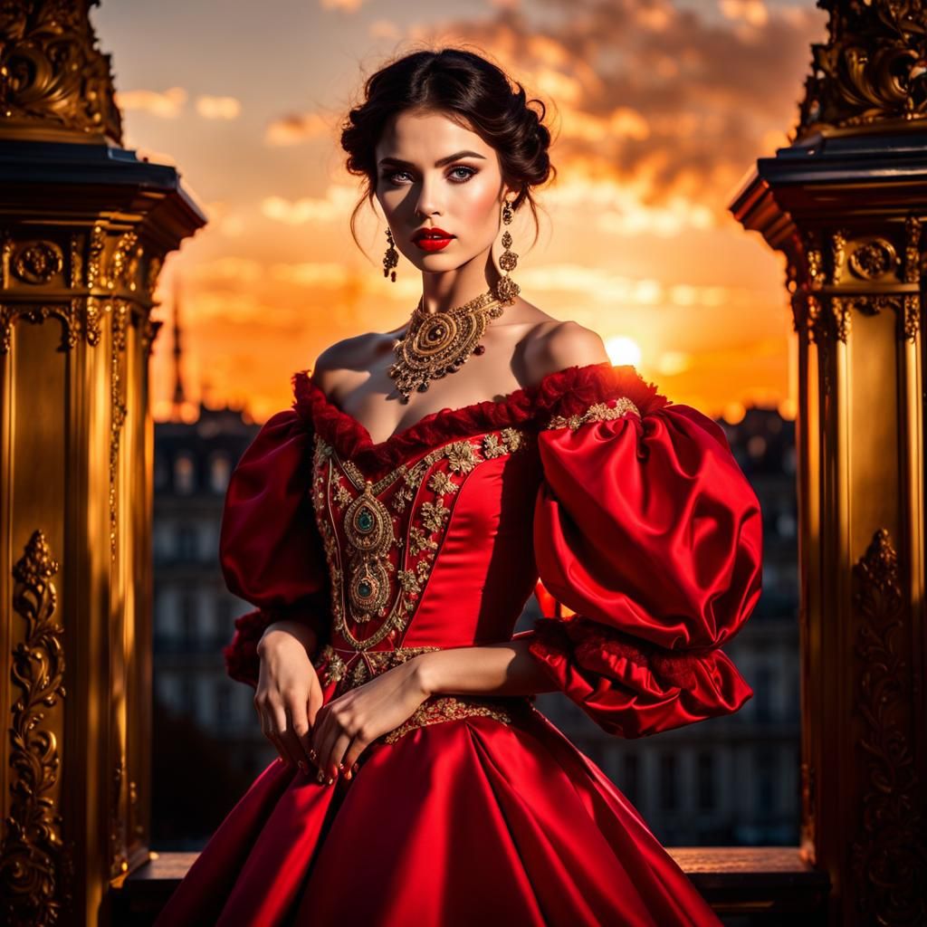 Stunning French Girl in Red Gown: Hyperrealistic 3D Render