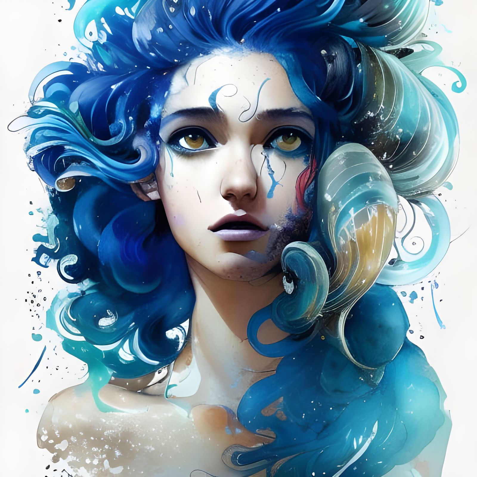 Italian Girl with Wild Blue Hair, Gouache Painting