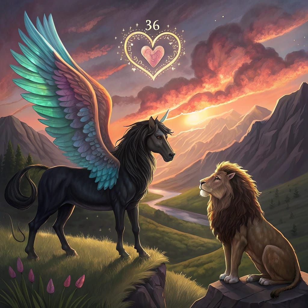 Regal Pegasus and Lion Gaze Up at Glowing Heart in Dramatic ...