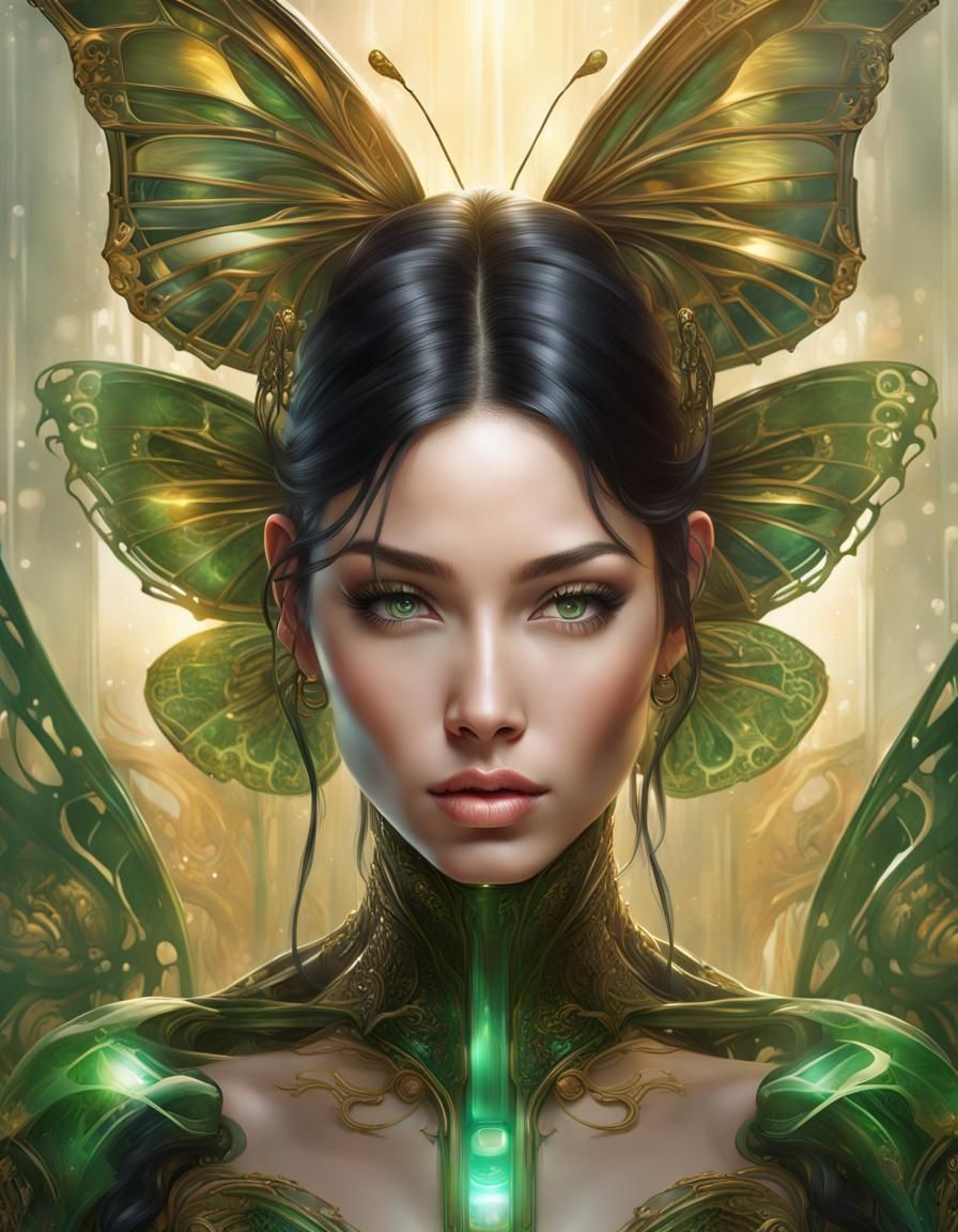 Elegant Cyborg Portrait with Butterfly Filigree