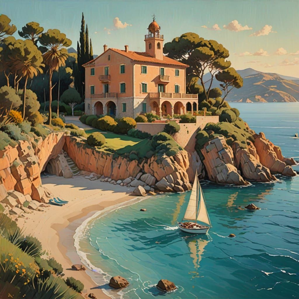 Idyllic Spanish Villa Coastal Landscape Painting