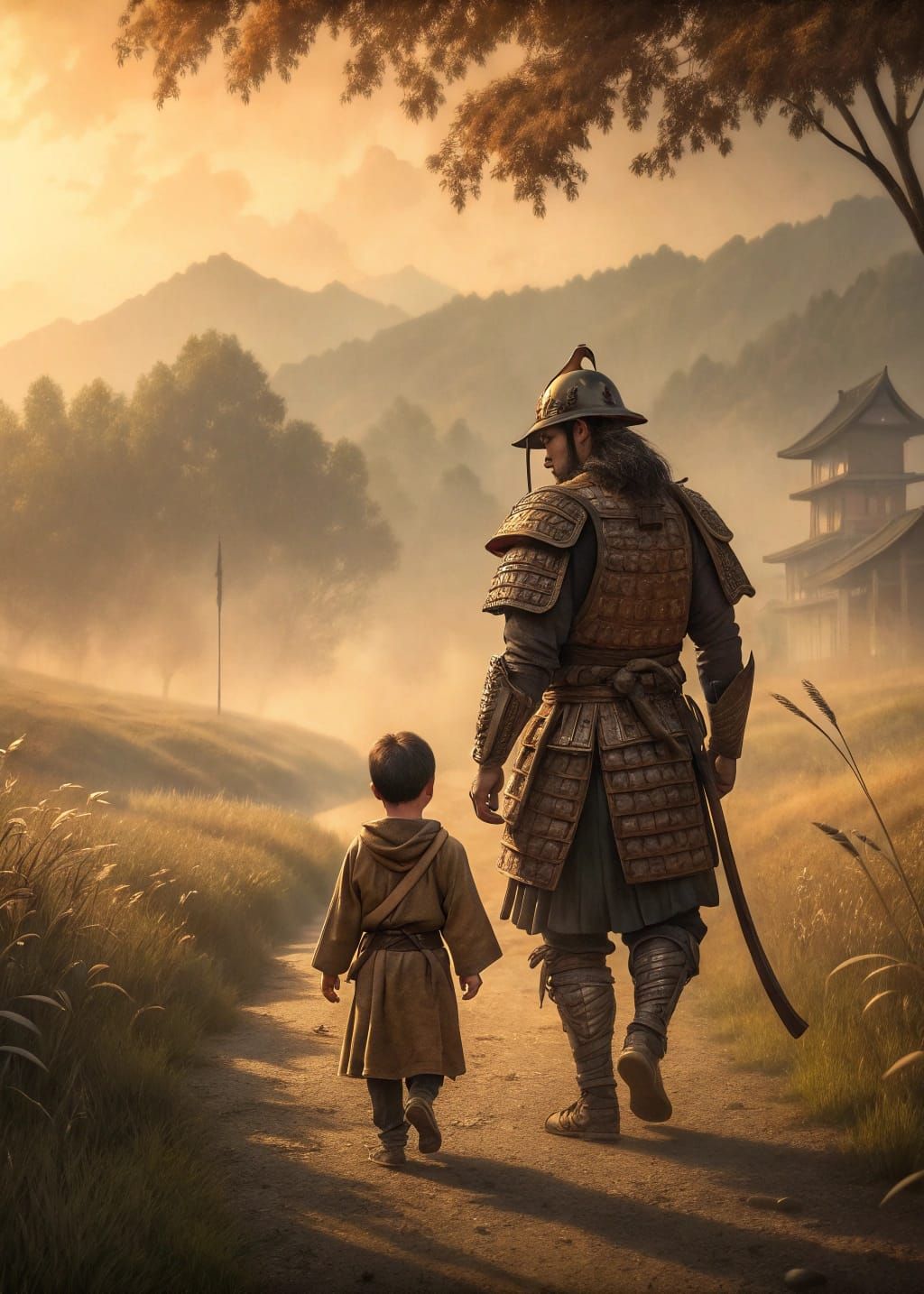 Samurai and Son in Misty Landscape