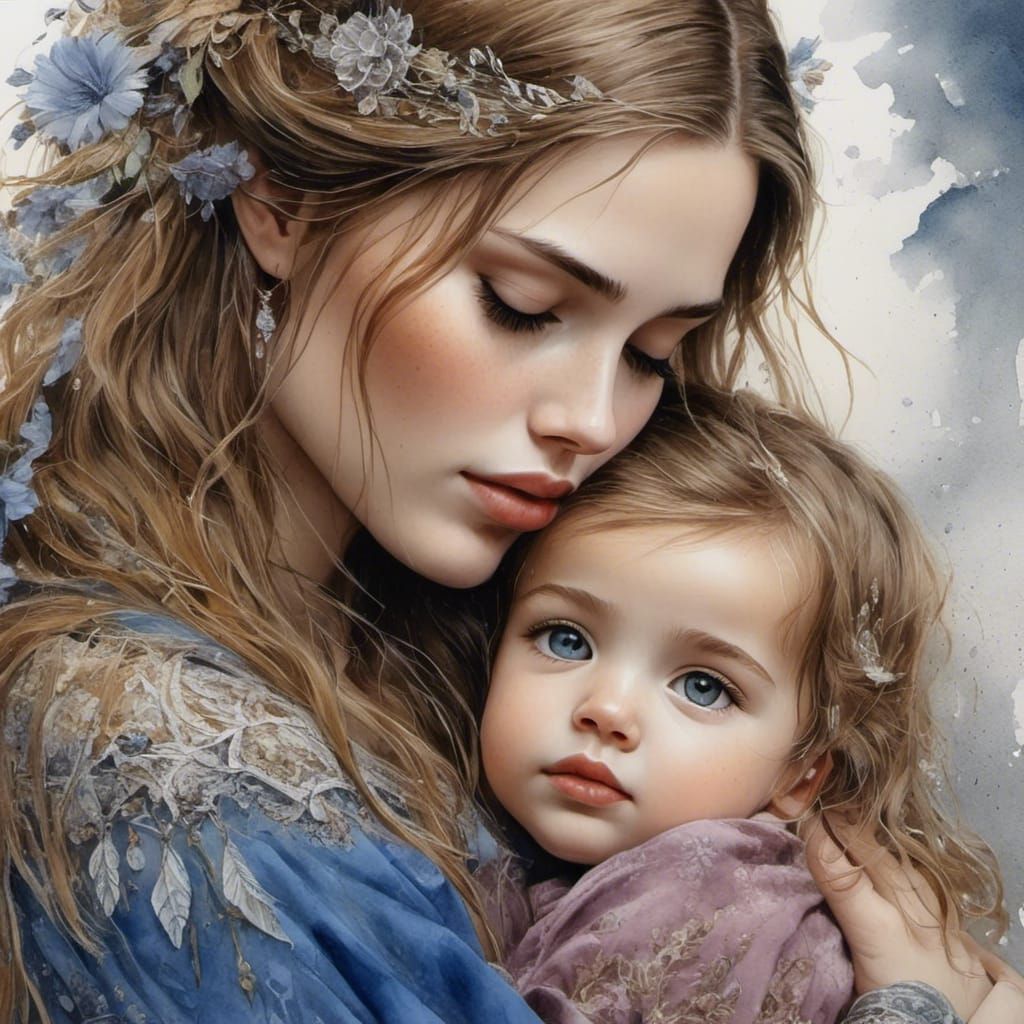 Jesus Holding Baby: Watercolor and Ink Drawing