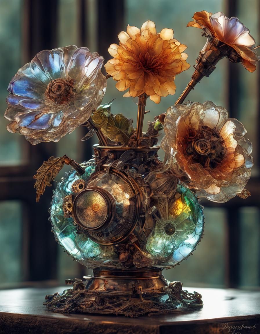 glass flowers in steampunk vase