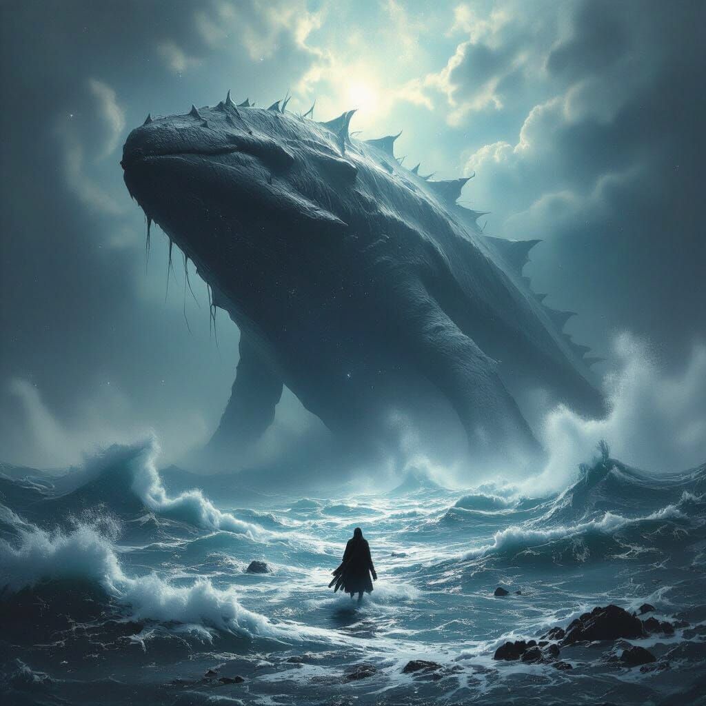 Leviathan Emerges from Starry Ocean, Dark Fantasy Art