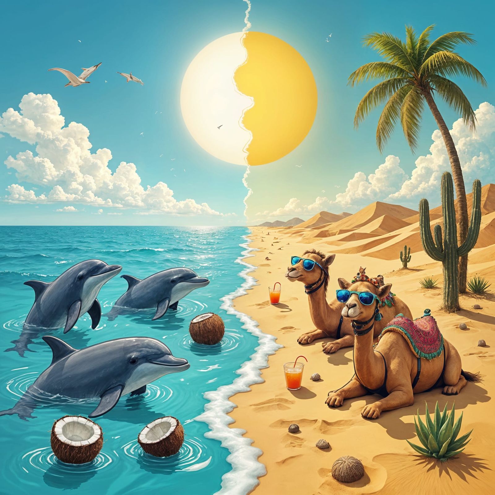 Surreal Beach Party: Dolphins, Camels, and Yin & Yang