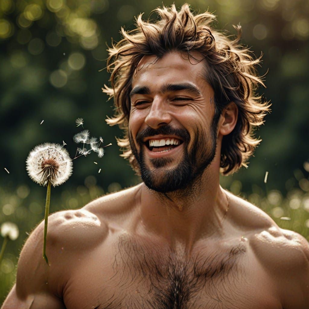 Rugged Mediterranean Man Blows Dandelion with a Smile
