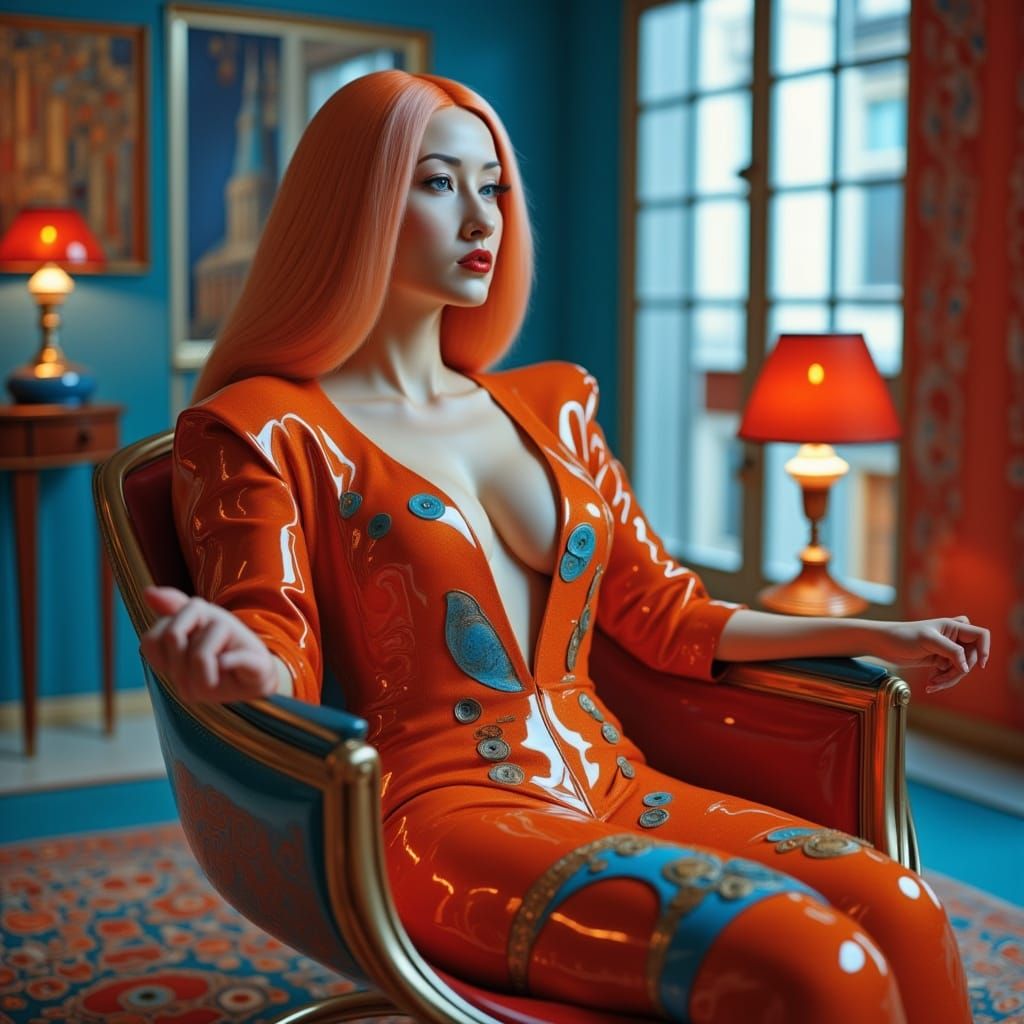 Surreal Cyberpunk Goddess in Vibrant Cerulean Living Room