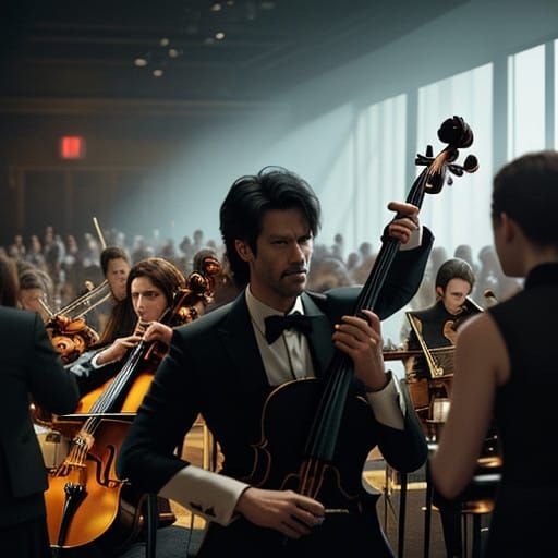 Cinematic Film Still of an Orchestra in a Dramatic Setting