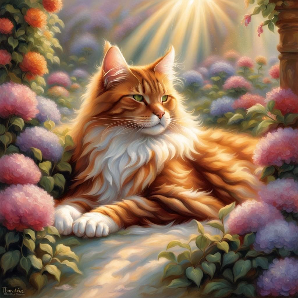Cinnamon Mainecoon Cat Sleeping in Flower Path