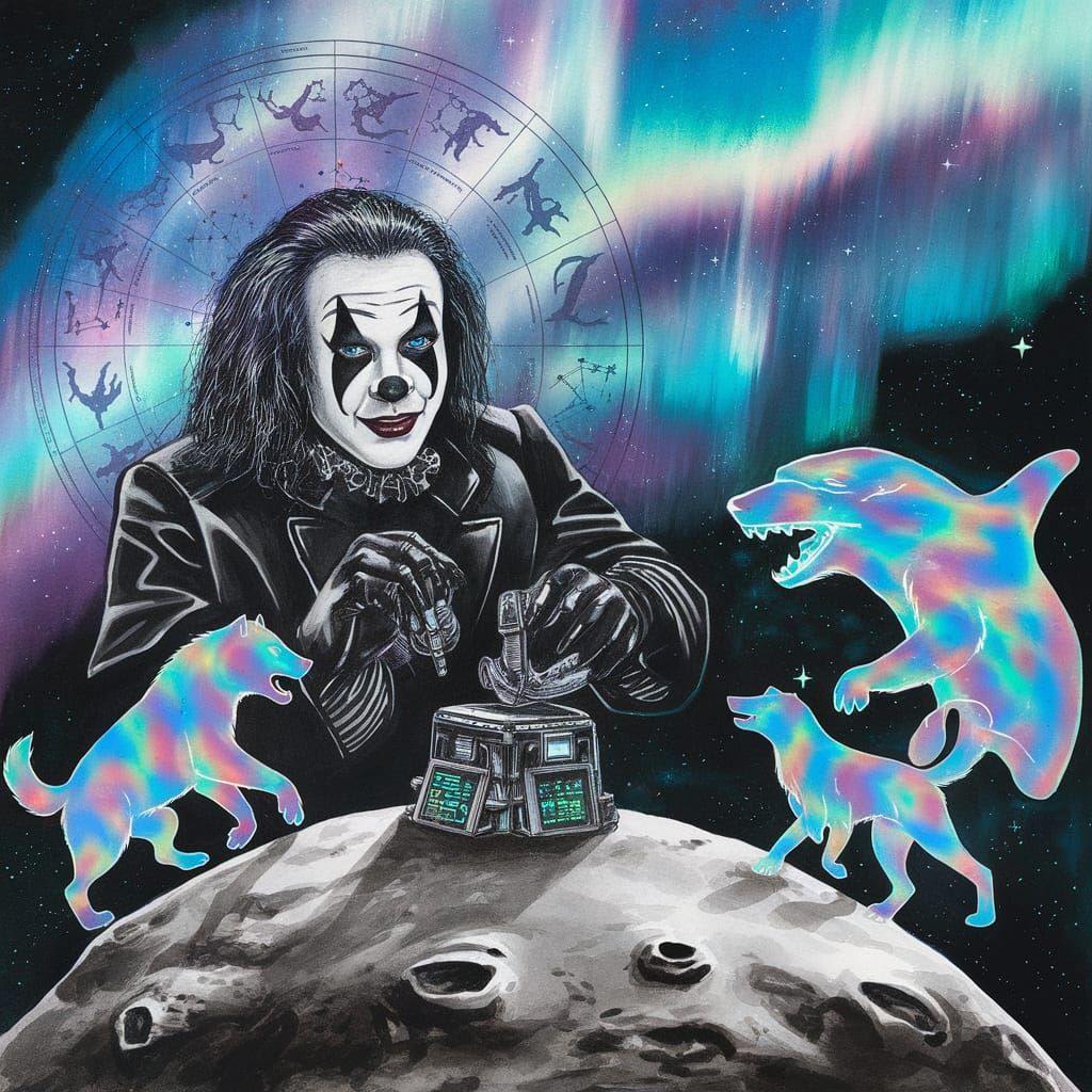 Cosmic Clown Genesis: Watercolor Confrontation on Asteroid