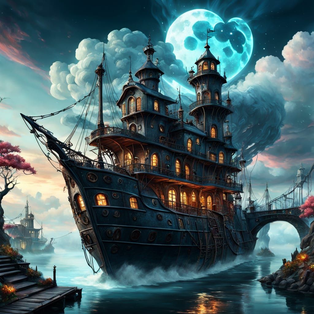 Ghost Ship Docks with Steampunk Bridge: Surreal Art