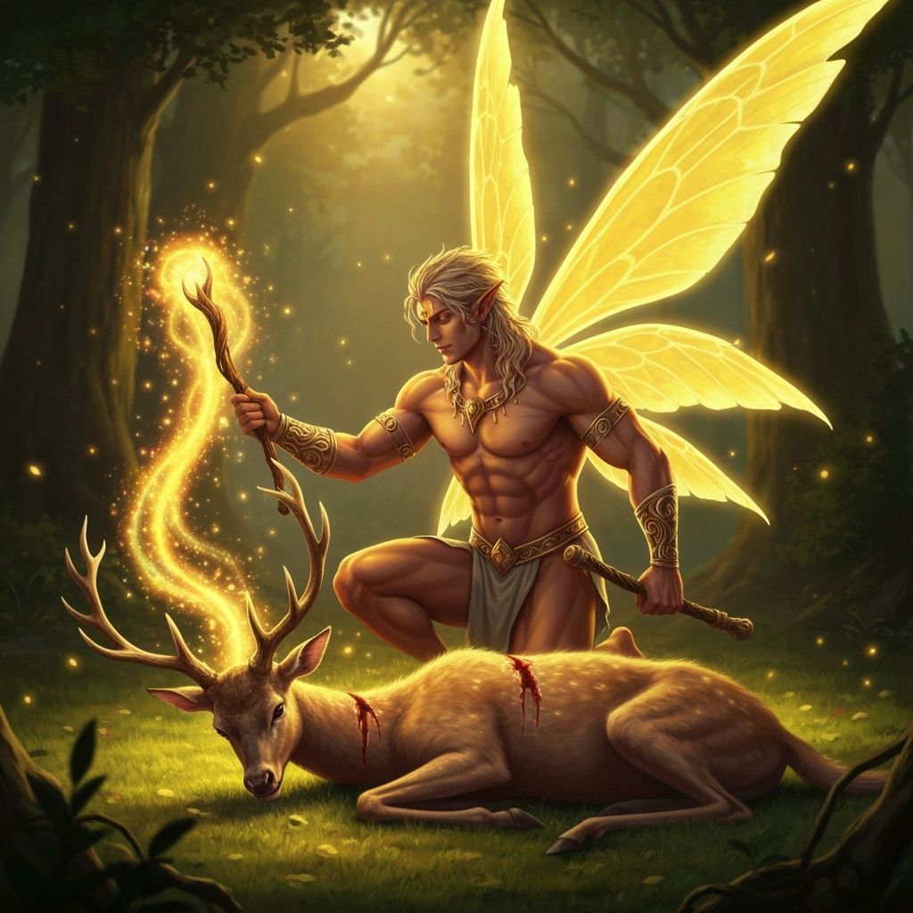 Muscular Fairy Healer With Glowing Wand in Forest