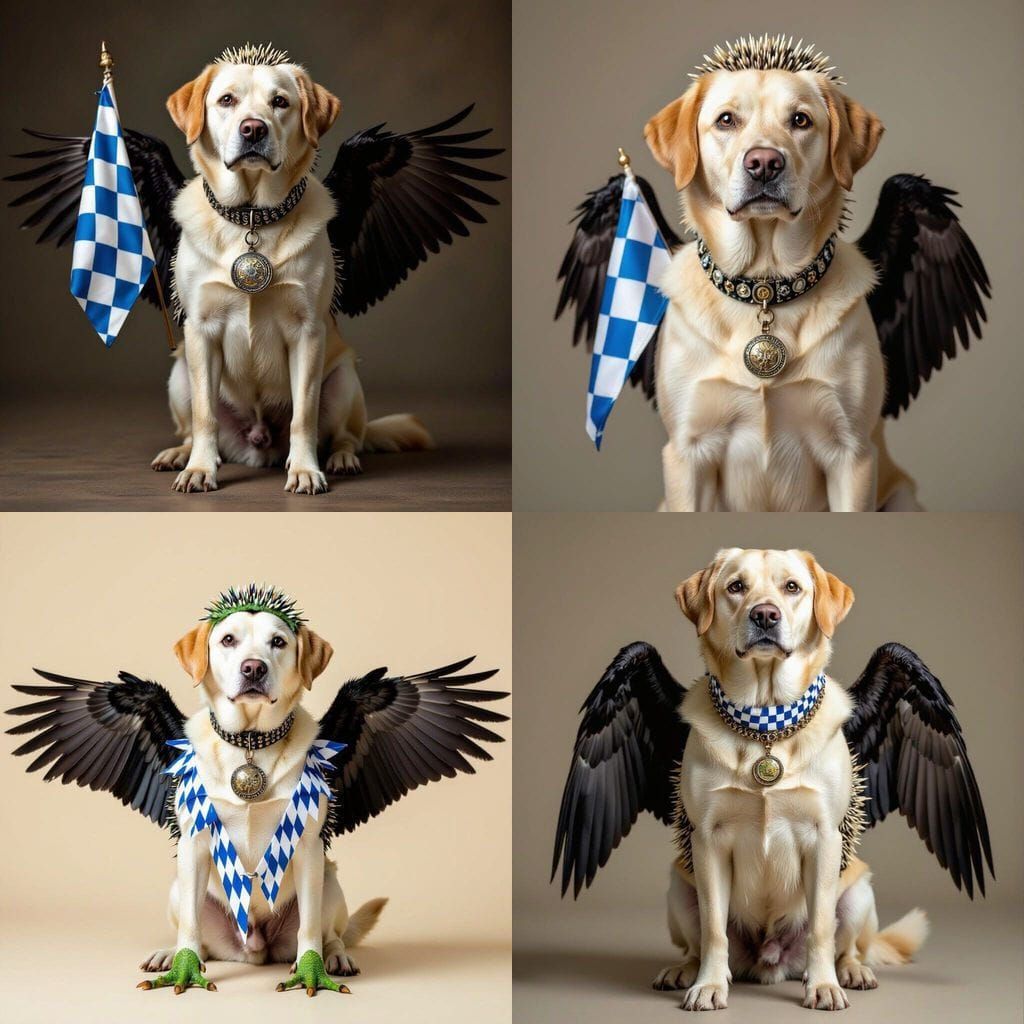 Labrador-Headed Creature with Frog Legs and Raven Wings