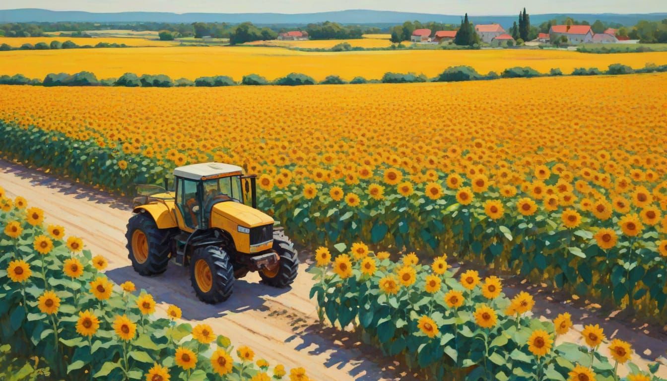 Sunflower Field Tractor in Gouache Impasto Style