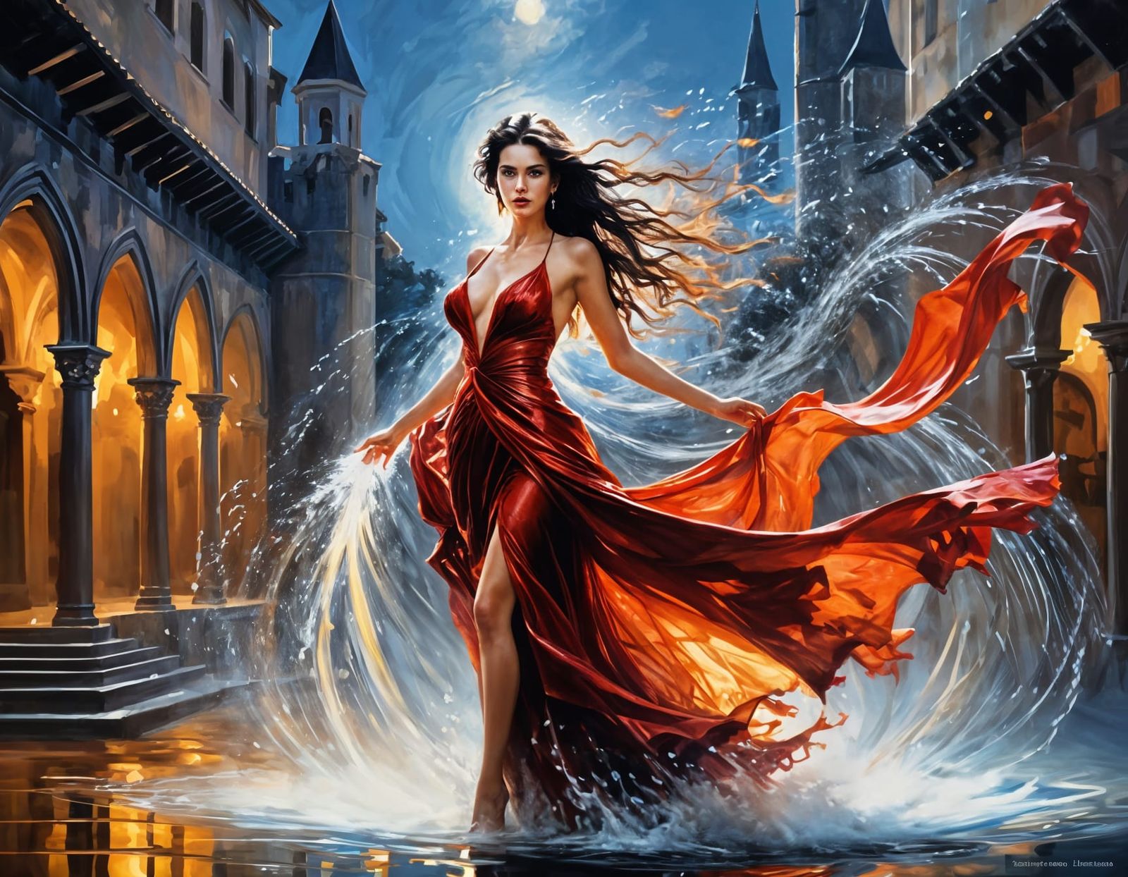 Sensual Vampire Sorceress in Midnight Castle Courtyard
