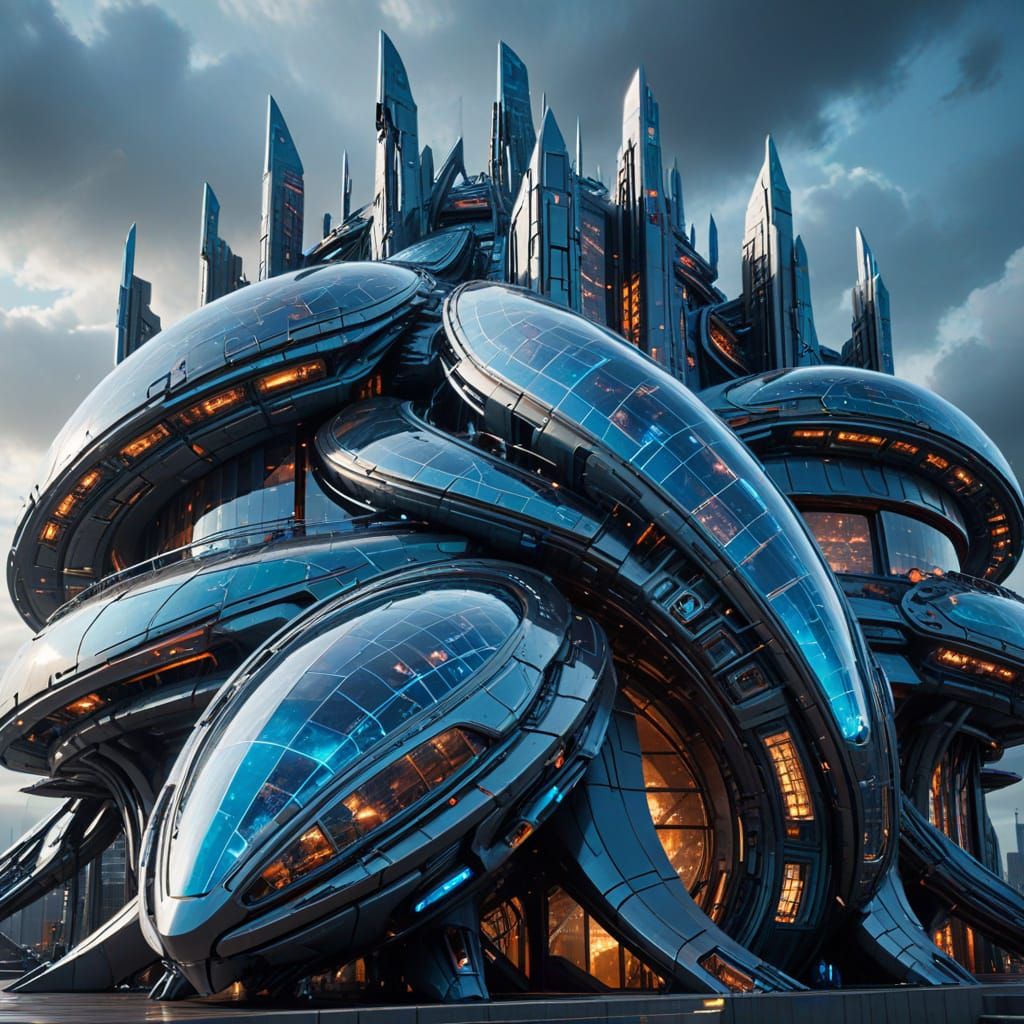 Biomechanical Cityscape Structure in Futuristic Neon Light