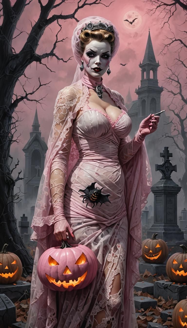 Lace Mummy with Pink Pumpkin in Graveyard
