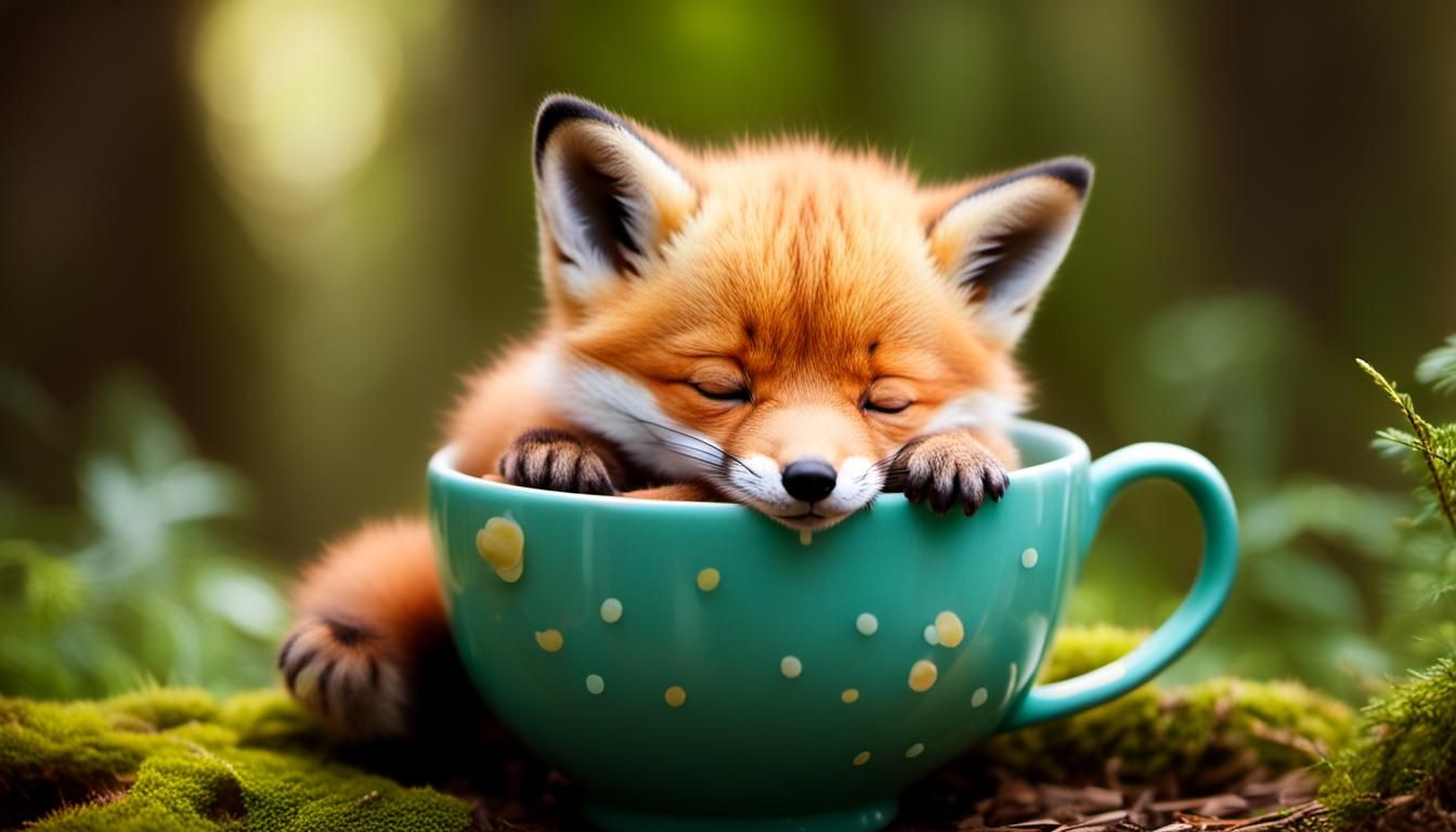 Sleeping Fox Cub in Teacup: Kawaii Forest Scene